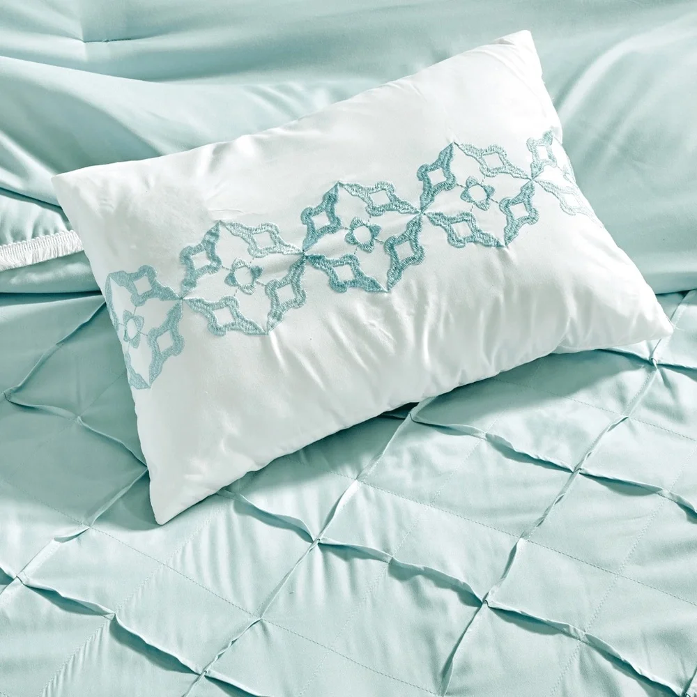 Linen Mart Full/Queen Size Ruffle Baby Blue Pleated Comforter - 7 Piece Set